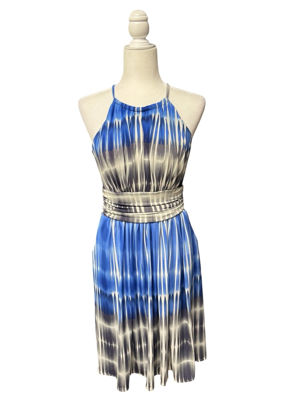 Maggy London women’s size 6 Blue white grey Tie-Dye Halter Waist Dress pockets